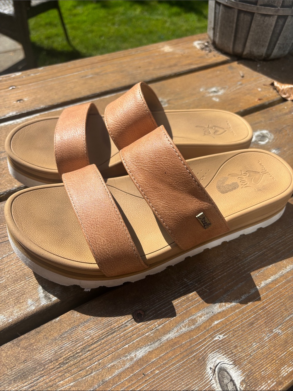Reef Tan Dual-Strap Platform Slide Sandals with White Sole - Picture 1 of 7